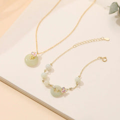 925 Sterling Silver Natural Hetian Jade Peace Buckle Orchid Luck Bracelet and Necklace Pendant Set