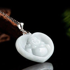 925 Sterling Silver Laughing Buddha White Jade Luck Necklace Pendant
