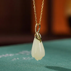 925 Sterling Silver Plated Gold Natural Hetian Jade Magnolia Flower Abundance Necklace Pendant