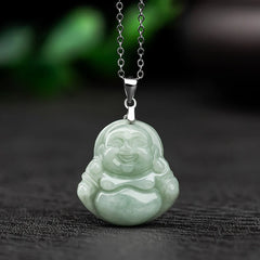 Renbeads 925 Sterling Silver Laughing Buddha Jade Blessing Necklace Chain Pendant