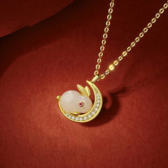 925 Sterling Silver White Jade Rabbit Crescent Moon Luck Necklace Pendant