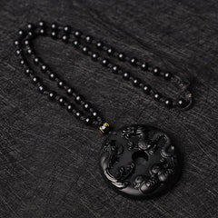 Black Obsidian Dragon Phoenix Mandarin Duck Luck Protection Necklace Pendant