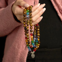 108 Mala Beads Natural Stone Tiger Eye Colored Beads Lotus Protection Bracelet