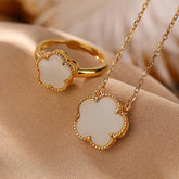 925 Sterling Silver Plated Gold Natural Jade Flower Luck Necklace Pendant Ring Set