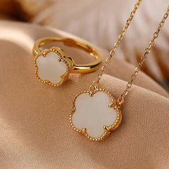 925 Sterling Silver Plated Gold Natural Jade Flower Luck Necklace Pendant Ring Set