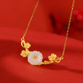 925 Sterling Silver Plated Gold Hetian Jade Plum Blossom Luck Jewelry Set