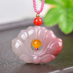 Pink Golden Silk Jade Lotus Flower Necklace Pendant