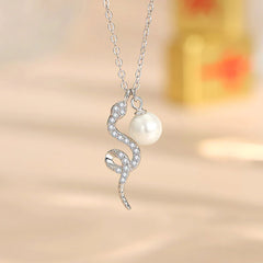 925 Sterling Silver Pearl Snake Blessing Sincerity Necklace Pendant