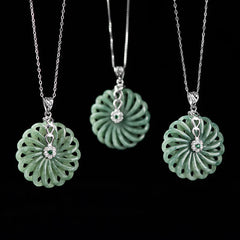 925 Sterling Silver Natural Round Jade Peace Buckle Abundance Necklace Pendant