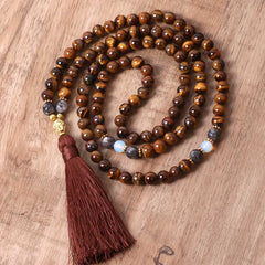Renbeads Tibetan Tiger Eye Buddha Strength Power Beaded Tassel Pendant Necklace
