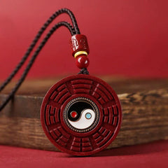 Natural Cinnabar Bagua Rotatable Yin Yang Anti-Evil Necklace Pendant