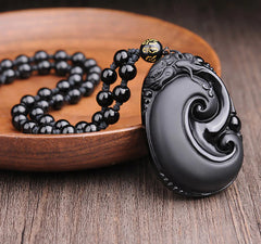 Natural Black Obsidian PiXiu Oval Pattern Necklace Pendant
