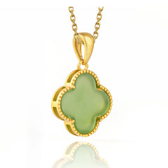 925 Sterling Silver Natural Jade Luck Four Leaf Clover Necklace Pendant