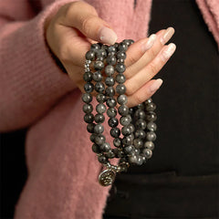 108 Mala Beads Multi-layer Natural Black Glitter Stone Lotus Positivity Bracelet