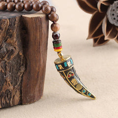 Tibetan Wenge Wood Om Mani Padme Hum Mantra Horn Pattern Protection Necklace Pendant