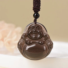 Natural Black Obsidian Ice Obsidian Laughing Buddha Purification Necklace Pendant