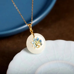 925 Sterling Silver Natural White Jade Peacock Blessing Jewelry Set