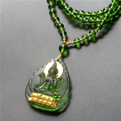 Tibetan Green Tara Buddha Gold Plated Liuli Crystal Protection Necklace Pendant