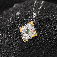 925 Sterling Silver Plated Gold Cyan Jade Rhombus Design Luck Healing Necklace Pendant