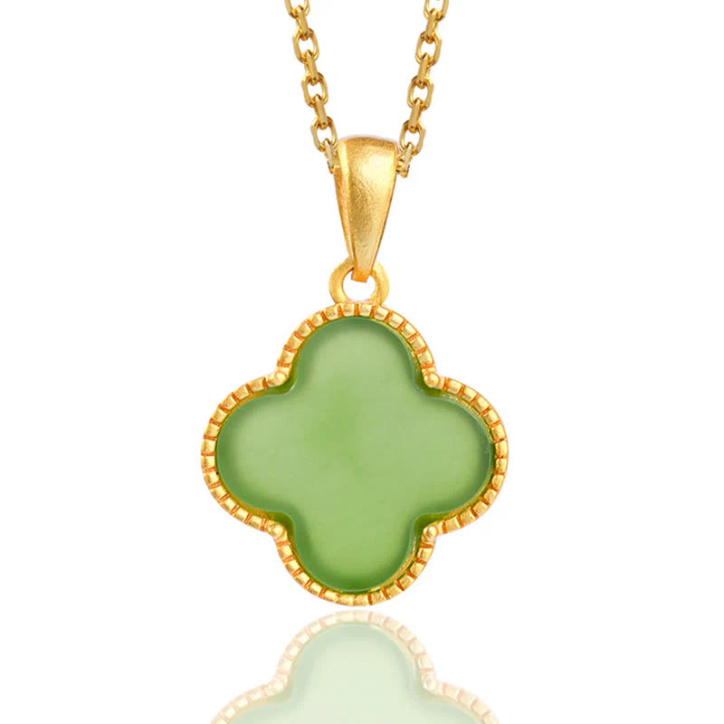 925 Sterling Silver Natural Jade Luck Four Leaf Clover Necklace Pendant