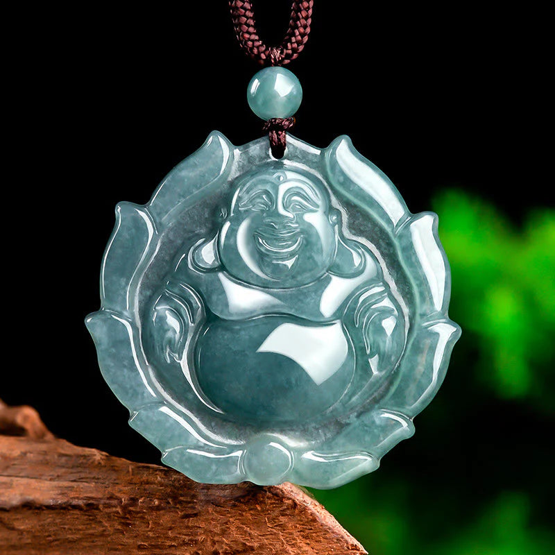 Renbeads Natural Jade Laughing Buddha Lotus Pattern Luck Necklace Pendant