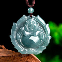 Renbeads Natural Jade Laughing Buddha Lotus Pattern Luck Necklace Pendant