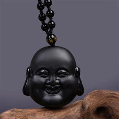 Natural Black Obsidian Laughing Buddha Purification Necklace Pendant