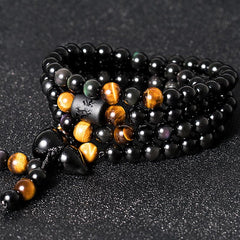 Renbeads Natural Black Obsidian Rainbow Obsidian Gourd Blessing Bracelet Mala