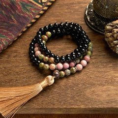 108 Mala Beads Black Jasper Rhodonite Khaki Tassel Healing Bracelet