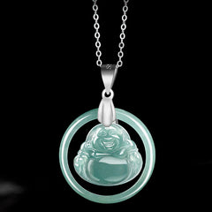 925 Sterling Silver Natural Jade Round Laughing Buddha Abundance Necklace Pendant