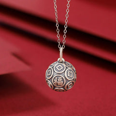 990 Sterling Silver Fu Character Copper Coin Luck Fortune Chain Necklace Pendant