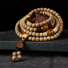 Renbeads 108 Mala Beads Bodhi Seed Tiger's Eye Fu Character Peace Bracelet