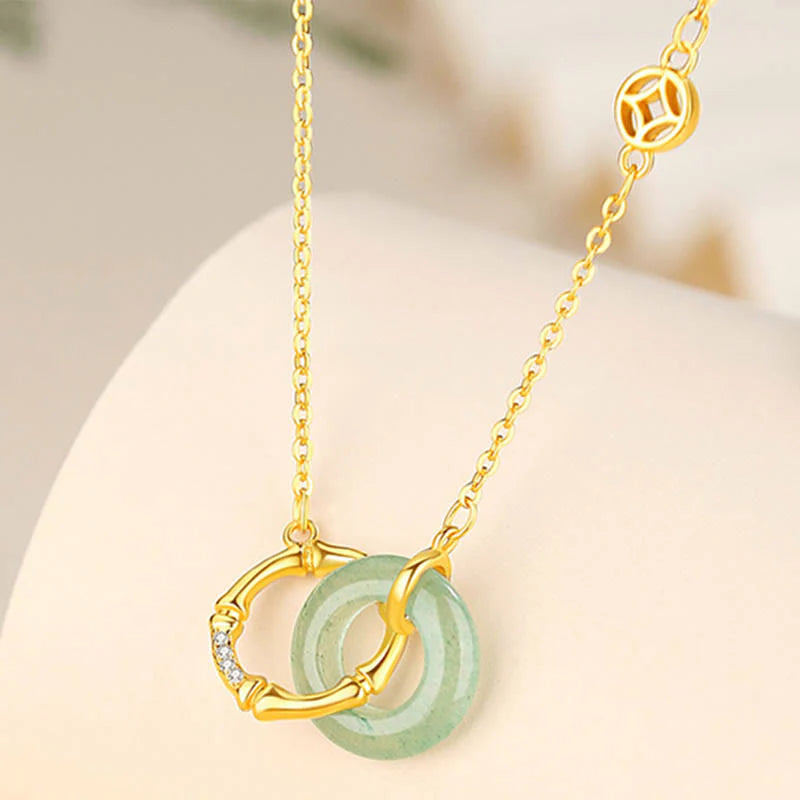 925 Sterling Silver Natural Green Aventurine Peace Buckle Bamboo Coin Necklace Pendant