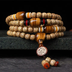 Renbeads 108 Mala Beads Bodhi Seed Tiger's Eye Fu Character Peace Bracelet
