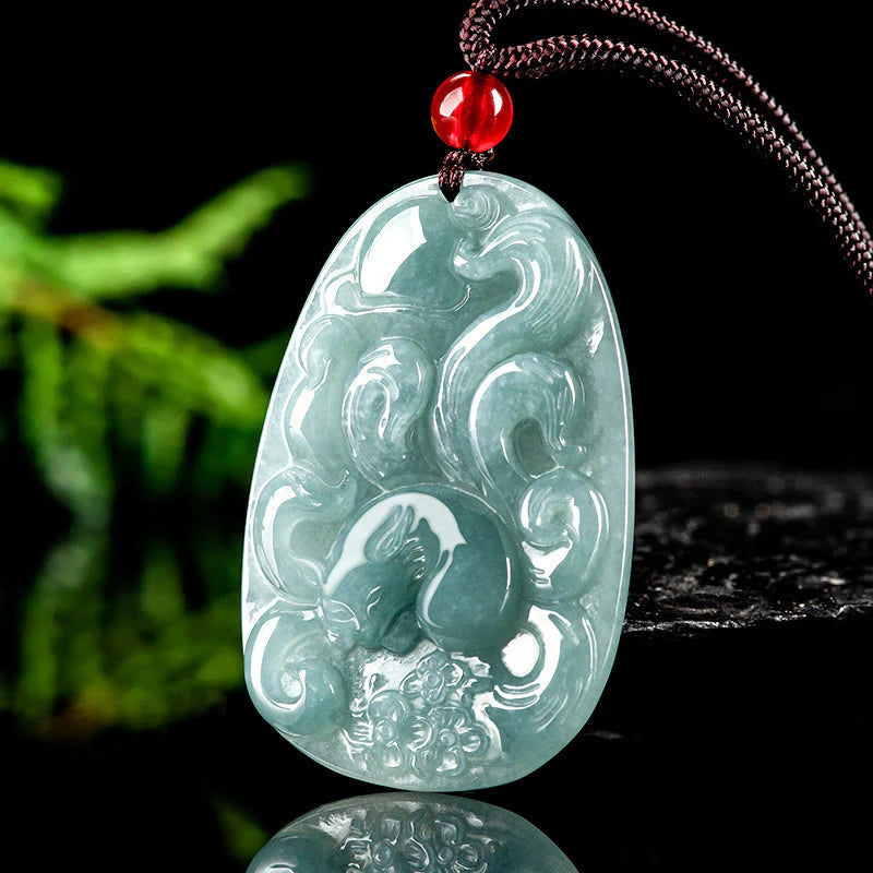 Natural Green Jade Nine Tailed Fox Flowers Luck Necklace Pendant