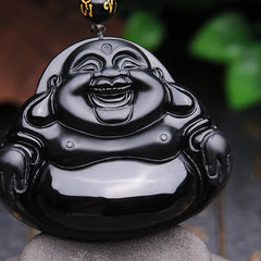 Laughing Buddha Black Obsidian Pendant Necklace