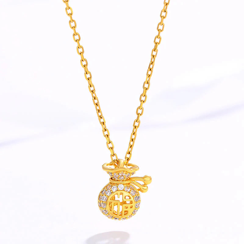 24K Gold Plated Good Luck Character Fortune Money Bag Necklace Pendant