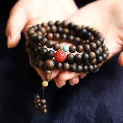 108 Mala Beads Agarwood Red Agate Turquoise Peace Meditation Bracelet