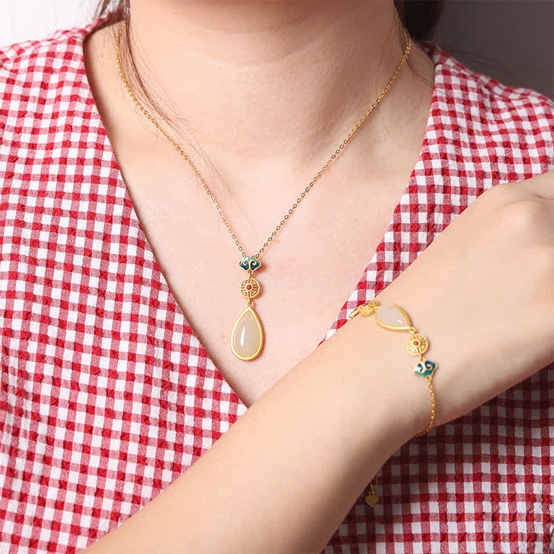 925 Sterling Silver White Jade Water Drop Chain Necklace Pendant Bracelet