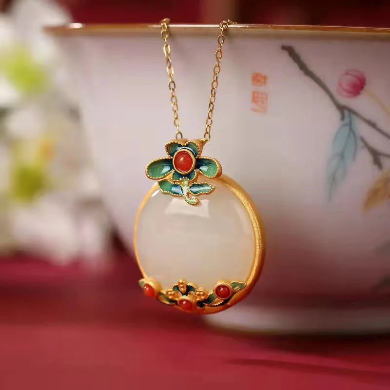 White Jade Red Agate Flower Luck Necklace Pendant