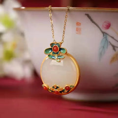 White Jade Red Agate Flower Luck Necklace Pendant