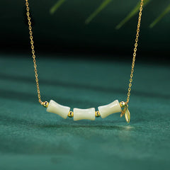 925 Sterling Silver Hetian Jade Bamboo Fu Character Prosperity Necklace and Bracelet