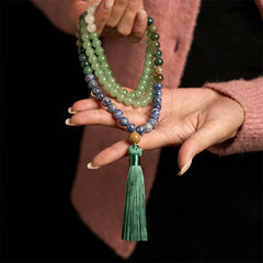 108 Mala Beads Natural Green Aventurine Blue Spot Jasper Agate Green Tassel Luck Bracelet