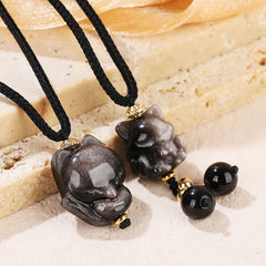 Natural Silver Sheen Obsidian Nine-Tailed Fox Protection Necklace Pendant