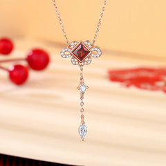 925 Sterling Silver Chinese Knotting Red Zircon Wealth Jewelry Set