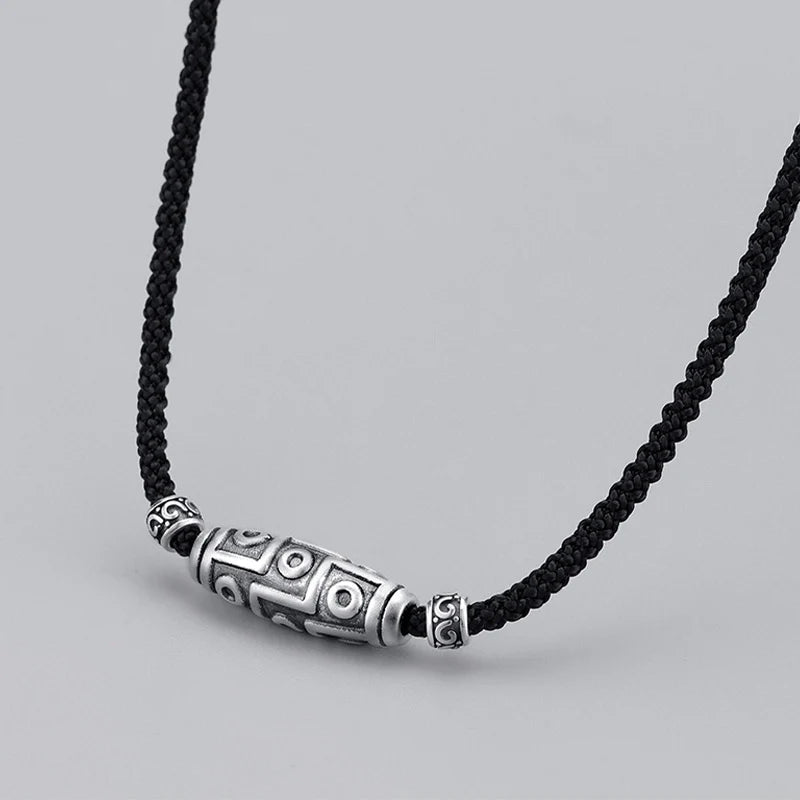 999 Sterling Silver Nine Eye Dzi Bead Pattern Protection Rope Necklace Pendant