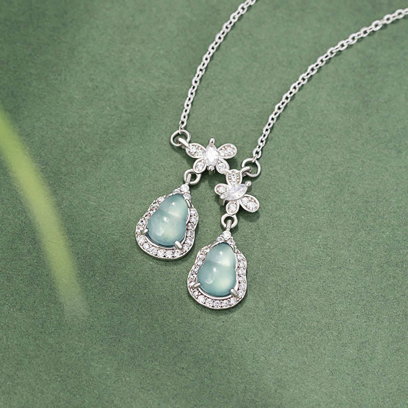 925 Sterling Silver Green Jade Double Gourd Butterfly Luck Necklace Pendant