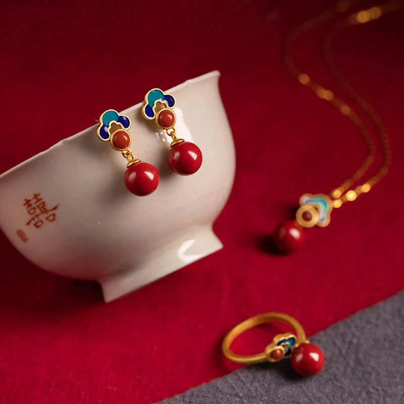 925 Sterling Silver Plated Gold Cinnabar Red Agate Jewelry Set