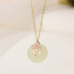 925 Sterling Silver Natural Hetian Jade Peace Buckle Orchid Luck Bracelet and Necklace Pendant Set