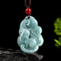 Natural Green Jade Nine-Tailed Fox Prosperity Necklace Pendant